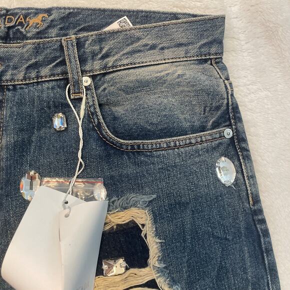 ESCADA SPORTS Rhinestone Patchwork Skinny Ripped Jeans 36 Bright Blue NWT - Picture 3 of 9